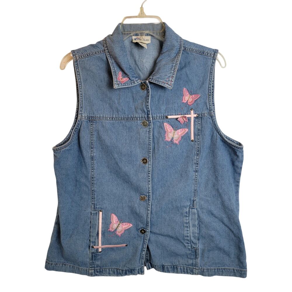 Las Olas Blue Denim Butterfly Applique Embellished Sleeveless Vest Women's Sz XL